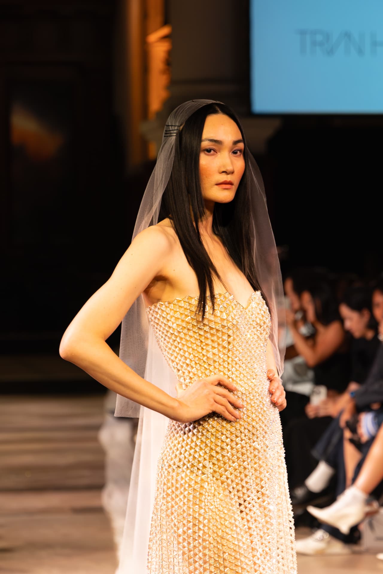 Model in a crystal gown with a sheer veil