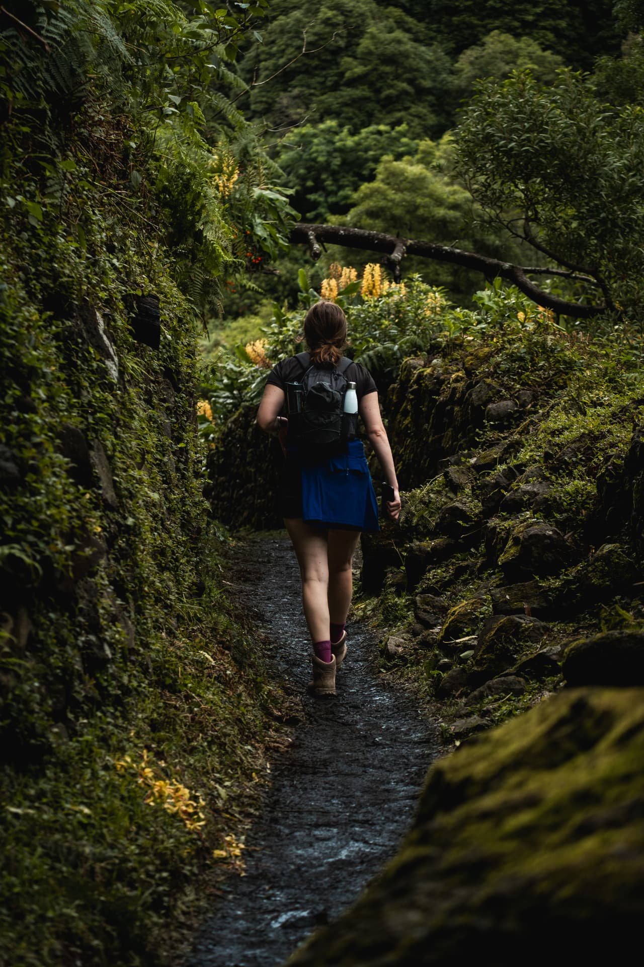 Hiker walking a narrow path through lush green forest