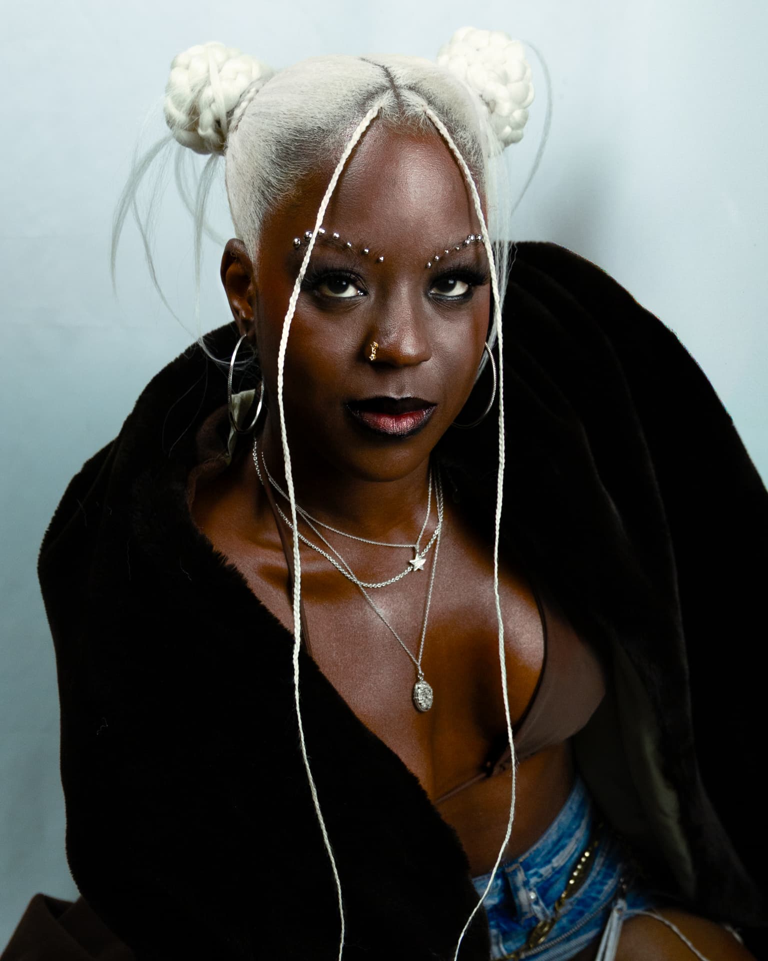 Waist-up portrait in dark fur with silver chains