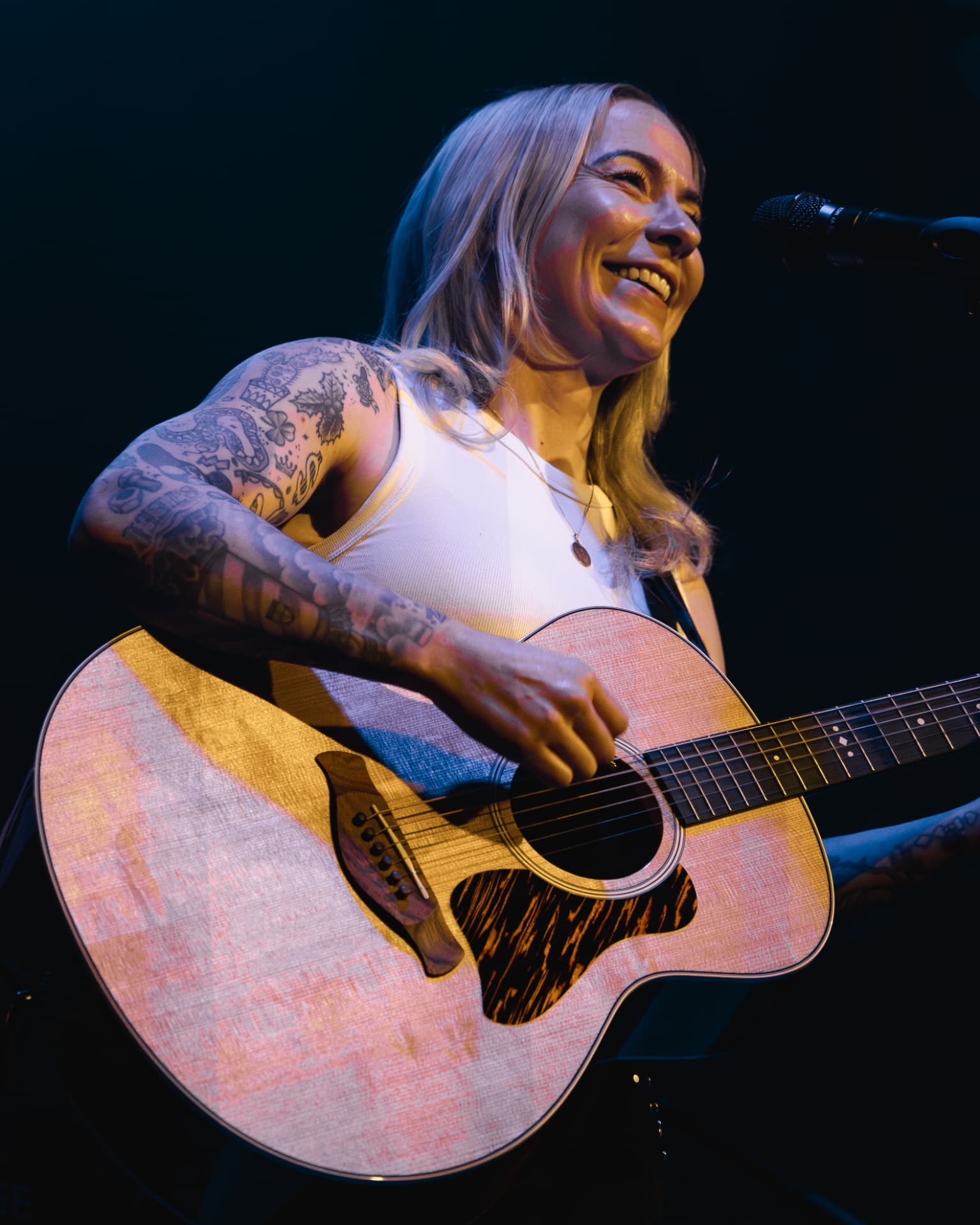 Low angle close-up over the guitar body